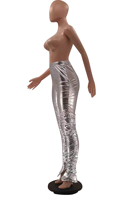 Gold Fashion Women Elastic High Waist Tight Ruffle Slit Pants LSZ91185-3
