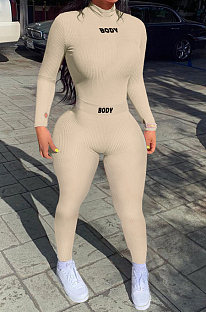 Khaki New Ribber Lettet Embroidered Long Sleeve O Neck Bodycon Pants Casual Two-Piece YYF8242-1
