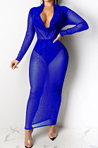 Blue Women Hot Golden Sequins Mesh Spaghetti Long Sleeve Club Long Dress No Underwear QQM4318