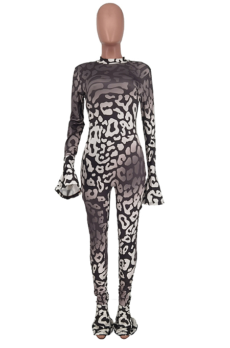 Purple Positioning Printing Horn Long Sleeve Round Collar Bodycon Jumpsuits ZDD31160-3