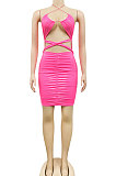 Blue Euramerican Fashion Sexy Condole Belt Hollow Out Solid Color Leather Mini Dress XZ5162-2
