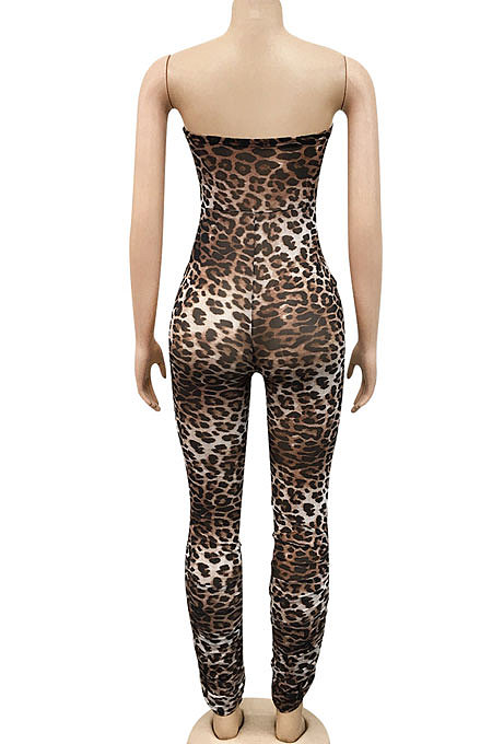 Red Women Strapless Sexy Tight Perspectivity Mesh Spaghetti Printing A Word Shoulder Bodycon Jumpsuits NO Waistband XZ5185-4