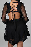 White Mesh Spaghetti Lace Sexy V Neck Dew Waits Back Bandage Long Sleeve Mini Dress YF9187-1
