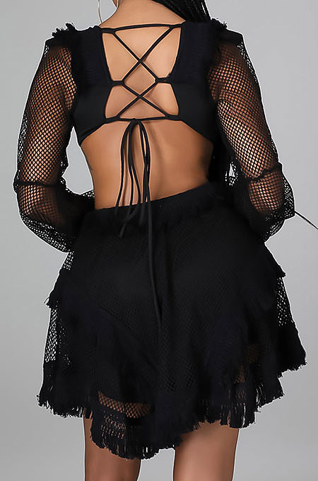 White Mesh Spaghetti Lace Sexy V Neck Dew Waits Back Bandage Long Sleeve Mini Dress YF9187-1