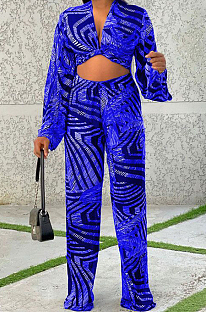 Blue Wholesal New Printing Long Sleeve Deep V Collar Strapless High Waist Shift Pants Sets LJJ6075-1