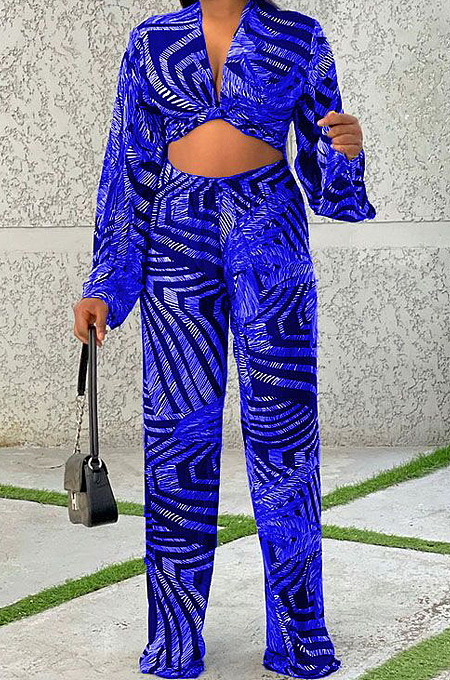 Blue Wholesal New Printing Long Sleeve Deep V Collar Strapless High Waist Shift Pants Sets LJJ6075-1
