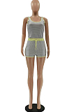 Neon Green Cute Fashion Stripe Condole Belt Tank Shorts Casual Sets LSZ9070-3