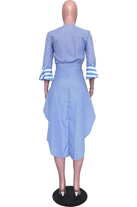 Blue Casual Stripe Printing Horn Sleeve V Neck Bandage Front Back Irregularity Shirts ORY5042