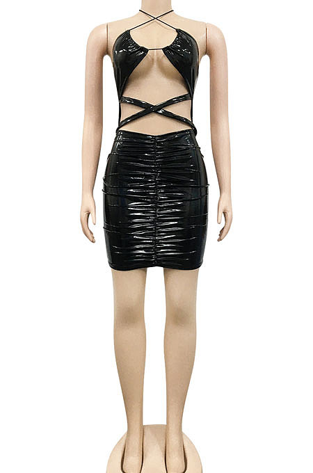 Blue Euramerican Fashion Sexy Condole Belt Hollow Out Solid Color Leather Mini Dress XZ5162-2