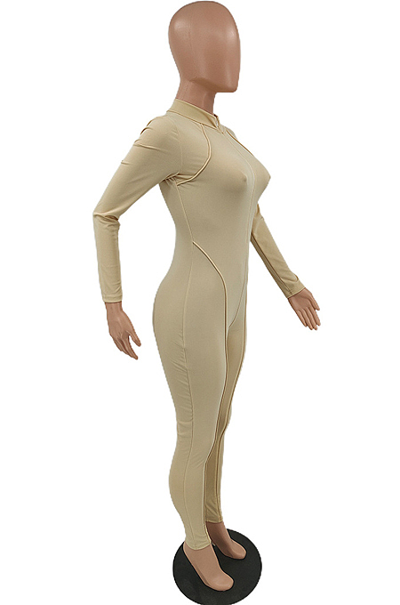 Blue Autumn Women Long Sleeve Stand Collar Zipper Collcet Waist Solid Color Bodycon Jumpsuits HXY88077-3