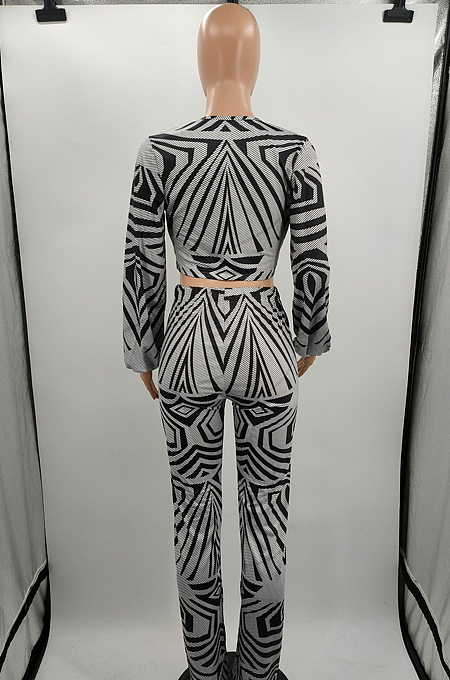 Gray Wholesal New Printing Long Sleeve Deep V Collar Strapless High Waist Shift Pants Sets LJJ6075-3