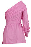 Light Blue Euramerican Women Solid Color Oblique Shoulder Single Sleeve T Shirt/Shirt Dress ED8387-3