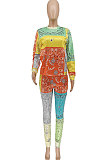 Orange Women Fashion Paisley Printing Pullover Loose Casual Pants Sets WSY5896