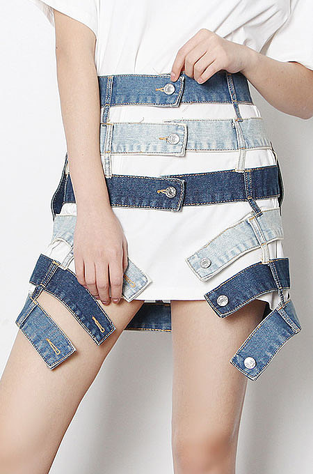 Blue Trendy High Waist Casual Hollow Out Irregular Demin Skirts HAN23318