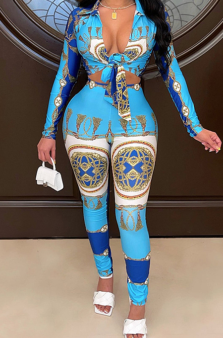 Blue Cotton Blend Printing Long Sleeve Lapel Collar Dew Waist Shirts Bodycon Pants Sets QSS51036