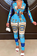 Blue Cotton Blend Printing Long Sleeve Lapel Collar Dew Waist Shirts Bodycon Pants Sets QSS51036