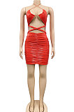 Blue Euramerican Fashion Sexy Condole Belt Hollow Out Solid Color Leather Mini Dress XZ5162-2