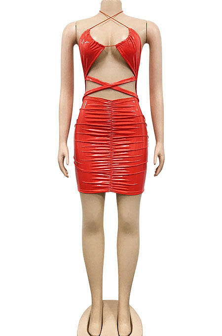 Blue Euramerican Fashion Sexy Condole Belt Hollow Out Solid Color Leather Mini Dress XZ5162-2