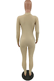 Khaki Autumn Women Long Sleeve Stand Collar Zipper Collcet Waist Solid Color Bodycon Jumpsuits HXY88077-1