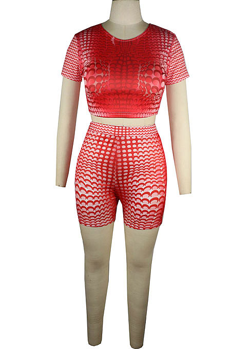 Red Euramerican Women Wave Point Positioning Printing Short Sleeve Sport Two-Pieces QQM4310-1