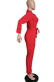 Royal Blue Casual Pure Color  Long Sleeve Lapel Collar Zipper With Beltband Slim Fitting Overall Jumpsuit LML264-1