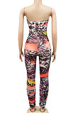 Red Women Strapless Sexy Tight Perspectivity Mesh Spaghetti Printing A Word Shoulder Bodycon Jumpsuits NO Waistband XZ5185-4