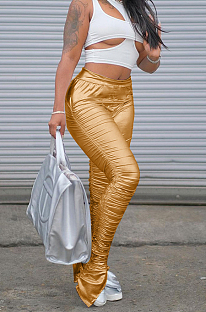 Gold Fashion Women Elastic High Waist Tight Ruffle Slit Pants LSZ91185-3