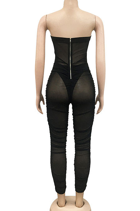 Black Strapless Sexy Pure Color Bandage Back Zipper Perspectivity Ruffle Bodycon Jumpsuits XZ5183-1