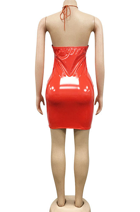 Blue Euramerican Fashion Sexy Condole Belt Hollow Out Solid Color Leather Mini Dress XZ5162-2