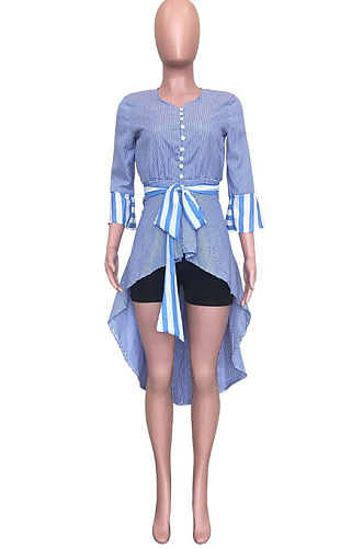 Blue Casual Stripe Printing Horn Sleeve V Neck Bandage Front Back Irregularity Shirts ORY5042