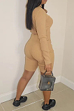 Light Gray Ribber Long Sleeve High Collar T-Shirt High Waist Shorts Solid Color Casual Sets WM21709-3
