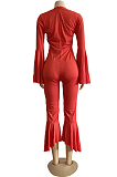 Light Purple Sexy Horn Sleeve V Collar Slim Fitting Solid Color Flare Bodycon Jumpsuits WM21726-1