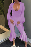 Red Sexy Horn Sleeve V Collar Slim Fitting Solid Color Flare Bodycon Jumpsuits WM21726-2