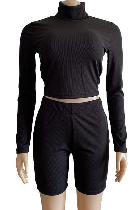 Light Gray Ribber Long Sleeve High Collar T-Shirt High Waist Shorts Solid Color Casual Sets WM21709-3