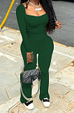 Black Autumn Wholesal Solid Color Long Sleeve Square Neck Flare Long Pants Bodycon Two-Piece YYF8241-2