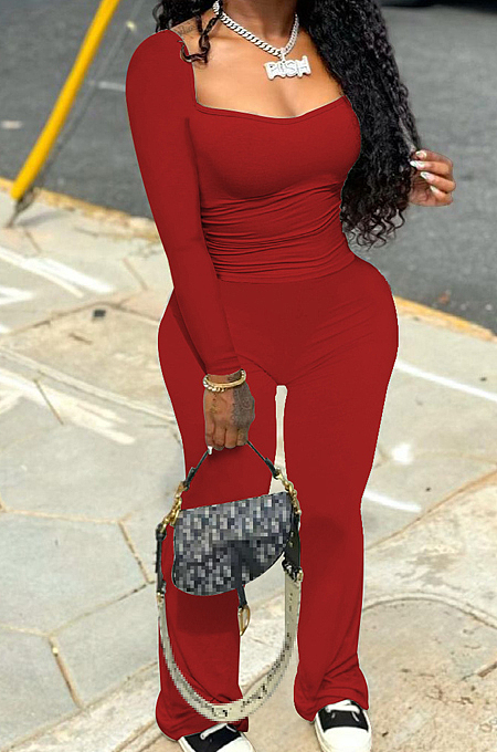 Blackish Green Autumn Wholesal Solid Color Long Sleeve Square Neck Flare Long Pants Bodycon Two-Piece YYF8241-1