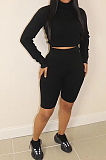 Light Gray Ribber Long Sleeve High Collar T-Shirt High Waist Shorts Solid Color Casual Sets WM21709-3