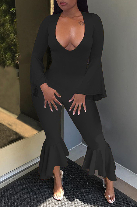Light Purple Sexy Horn Sleeve V Collar Slim Fitting Solid Color Flare Bodycon Jumpsuits WM21726-1