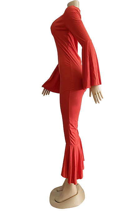 Black Sexy Horn Sleeve V Collar Slim Fitting Solid Color Flare Bodycon Jumpsuits WM21726-3