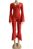 Red Sexy Horn Sleeve V Collar Slim Fitting Solid Color Flare Bodycon Jumpsuits WM21726-2