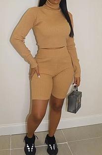 Khaki Ribber Long Sleeve High Collar T-Shirt High Waist Shorts Solid Color Casual Sets WM21709-3