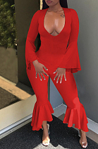 Red Sexy Horn Sleeve V Collar Slim Fitting Solid Color Flare Bodycon Jumpsuits WM21726-2