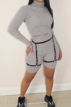 Light Gray Ribber Long Sleeve High Collar T-Shirt High Waist Shorts Solid Color Casual Sets WM21709-3