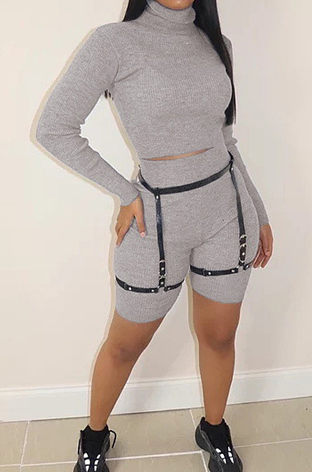 Light Gray Ribber Long Sleeve High Collar T-Shirt High Waist Shorts Solid Color Casual Sets WM21709-3