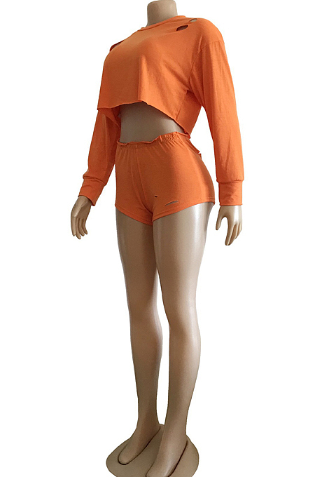 Orange Long Sleeve Round Neck Hollow Out Crop Top Shorts Two-Piece WM21703-2
