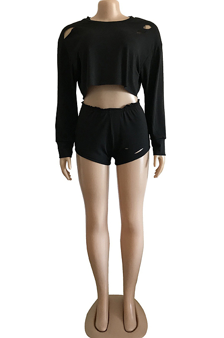 Orange Long Sleeve Round Neck Hollow Out Crop Top Shorts Two-Piece WM21703-2