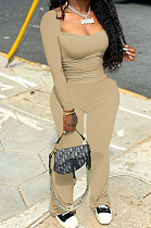 Khaki Autumn Wholesal Solid Color Long Sleeve Square Neck Flare Long Pants Bodycon Two-Piece YYF8241-5