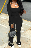 Black Autumn Wholesal Solid Color Long Sleeve Square Neck Flare Long Pants Bodycon Two-Piece YYF8241-2