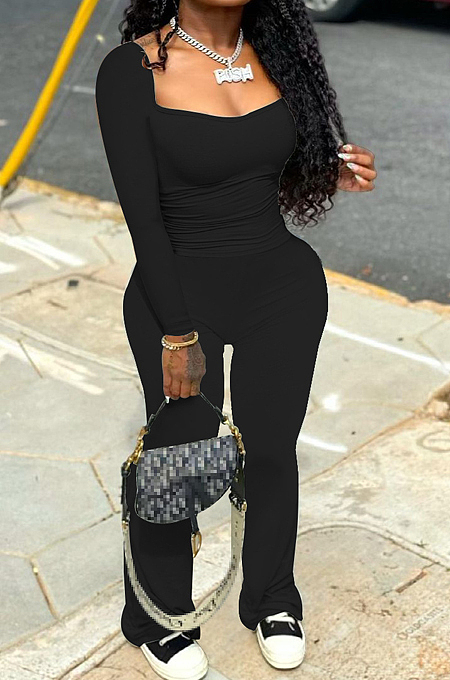 Black Autumn Wholesal Solid Color Long Sleeve Square Neck Flare Long Pants Bodycon Two-Piece YYF8241-2