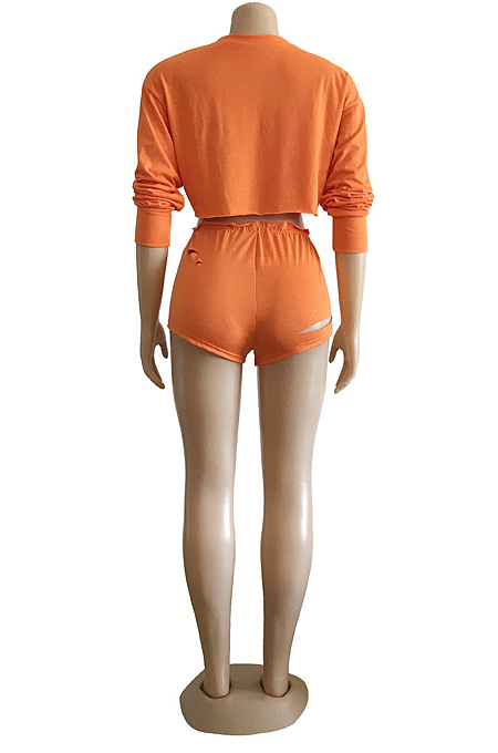 Orange Long Sleeve Round Neck Hollow Out Crop Top Shorts Two-Piece WM21703-2